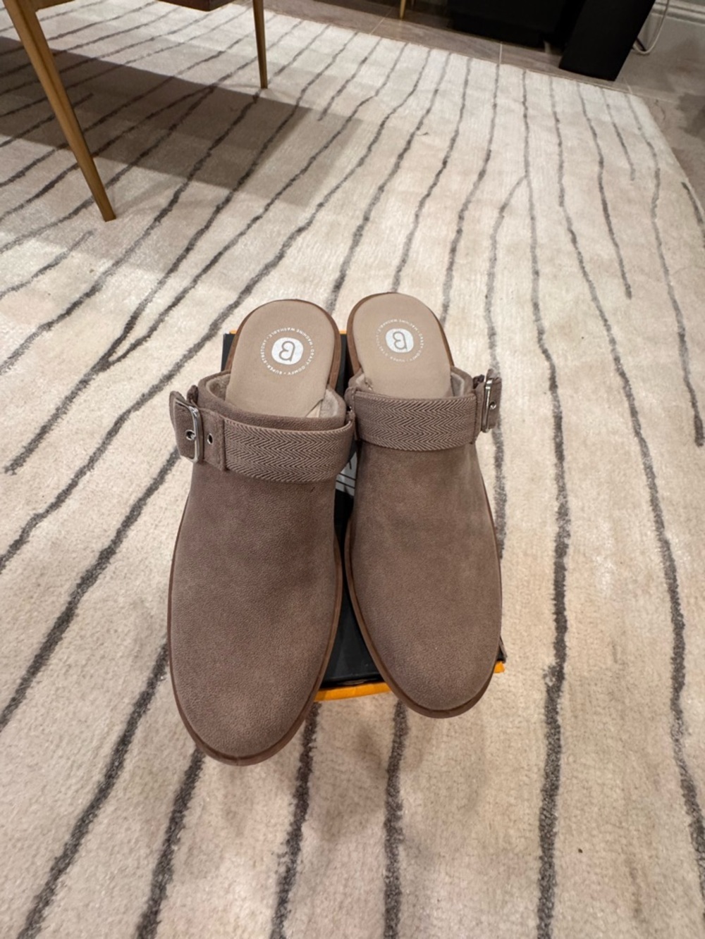 New - Bzees Taupe Suede Buckle open book Mules for Women